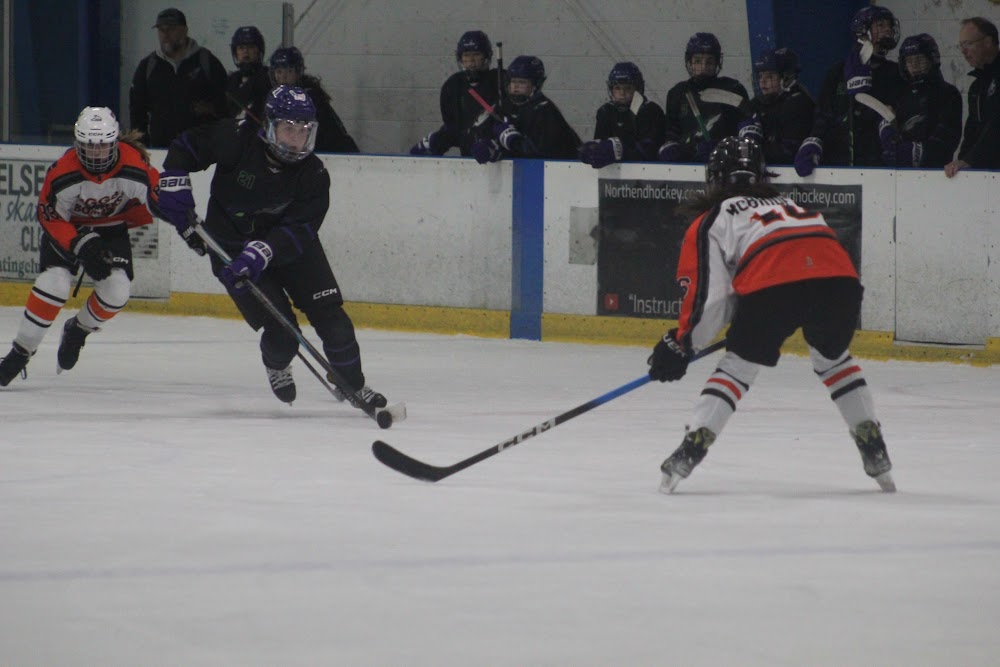 Puck battle at the boards, bench watching.